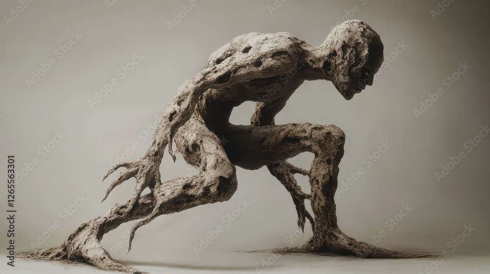 Fototapeta premium Terrifying creature crouches forward appearing to be composed of stone