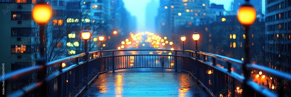 Fototapeta premium Rainy Night Cityscape View from Pedestrian Bridge