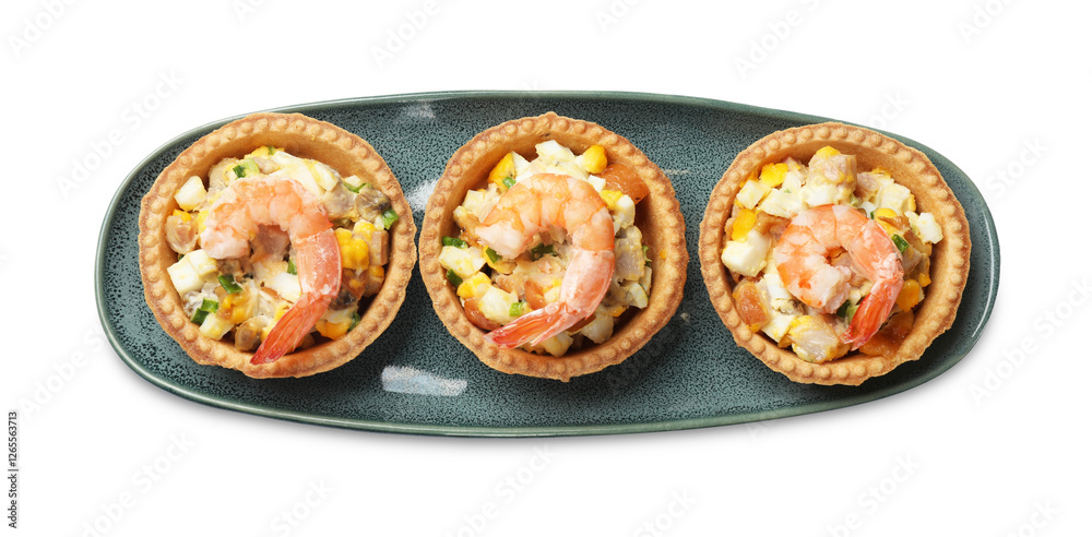 Tartlets with delicious filling isolated on white, top view Tartlets with delicious filling isolated on white, top view