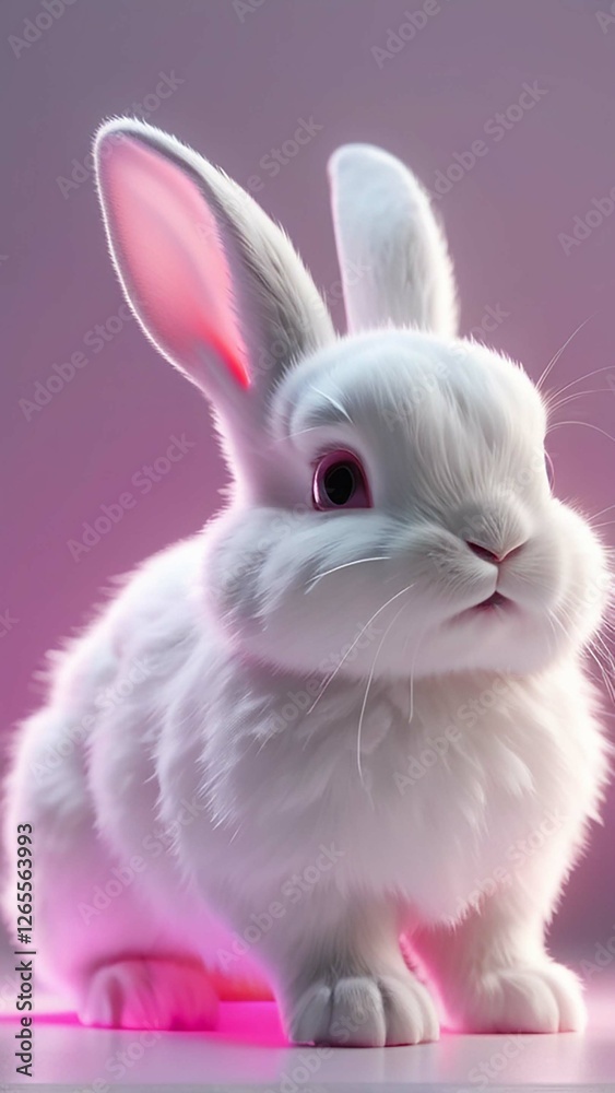 Obraz premium Adorable fluffy white rabbit with big eyes. Cute and innocent, perfect for Easter, spring, or any project needing a touch of sweetness and joy. Modern, trendy pastel colors.
