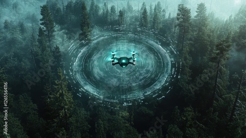 In a dramatic aerial scene a lone drone hovers above a dense forest protected by a translucent barrier of light that resembles a hightech force field. Surrounding the drone luminous photo