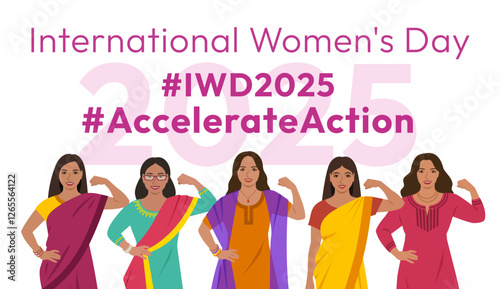 International Women's Day 2025 Accelerate Action campaign pose. Indian women in traditional attire show strong arm with clenched fist in solidarity and support for women's rights and gender equality