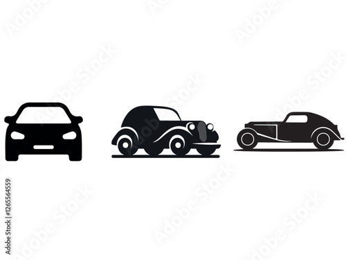 Silhouette car designs, vintage automobile evolution, classic car profiles, automotive history illustration, black and white car icons