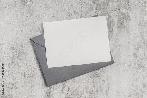 Gray envelope with blank card on concrete background. Invitation, greeting card mockup.