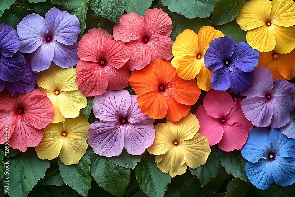 Vibrant display of multicolored hibiscus flowers surrounded by lush green leaves in a garden setting Vibrant display of multicolored hibiscus flowers surrounded by lush green leaves in a garden setting
