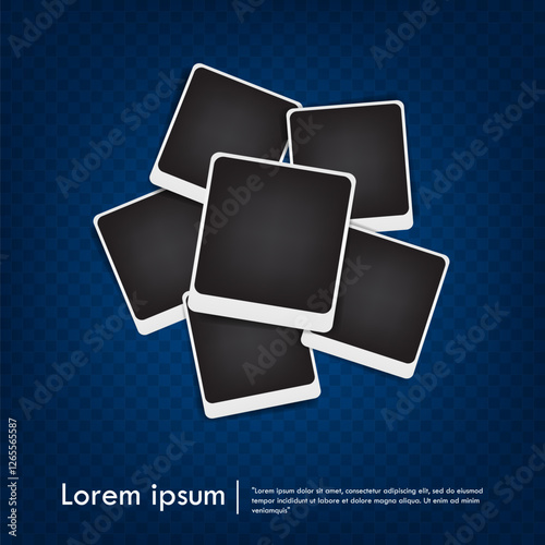 set of empty photo frame with white border and black rectangle element on transparent and dark blue background. template or mockup decoration for design