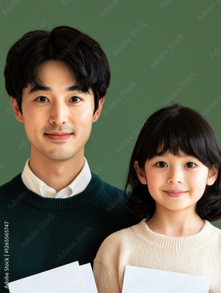 Obraz premium Expert Home Loan Advice for Secure Home Ownership. Father and daughter posing together, smiling against a green background.