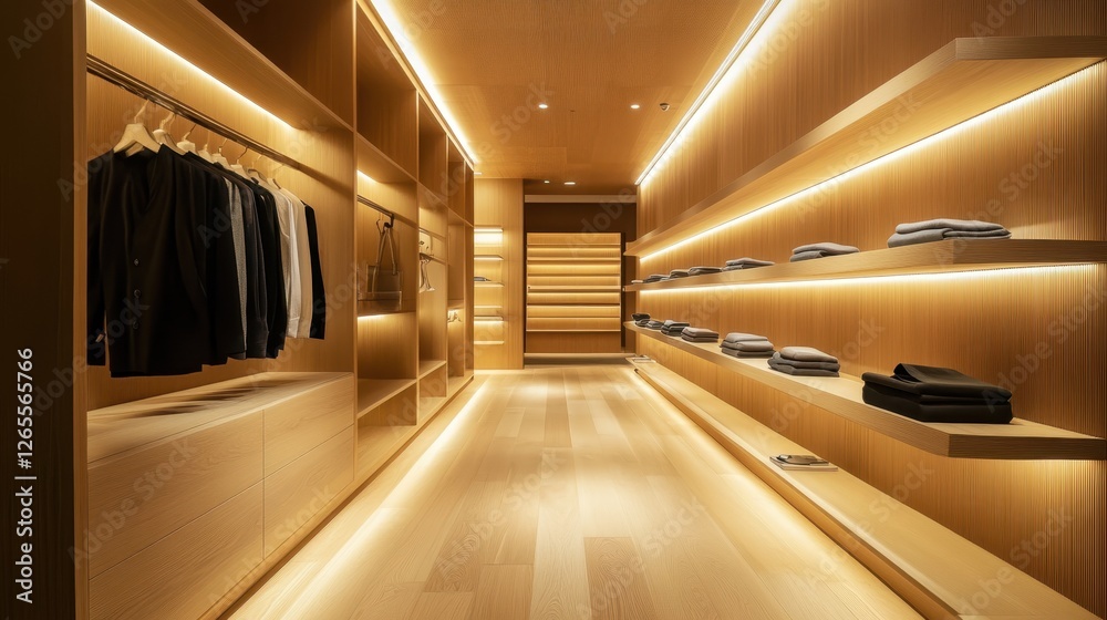 Obraz premium Luxuriously illuminated clothing store showcases organized apparel and accessories