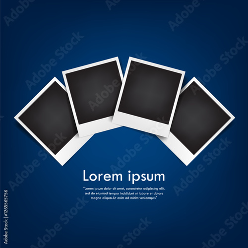 set of empty photo frame with white border and black rectangle element on dark blue background. instant photo frame card mockup template decoration for design