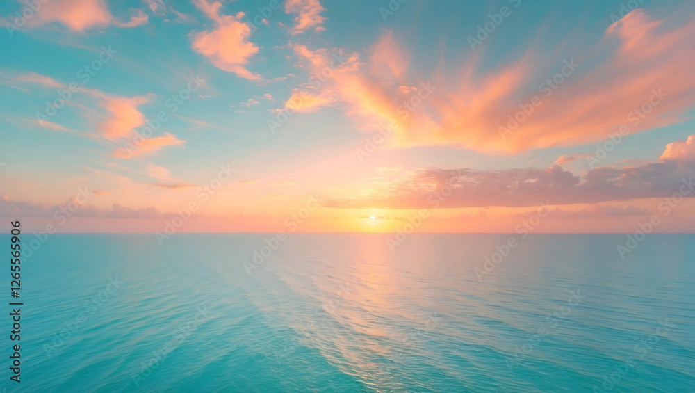 Obraz premium Breathtaking Dreamy Sunrise Over a Turquoise Ocean with Golden Light, Gentle Waves, and Ethereal Clouds in a Serene, Scenic Landscape