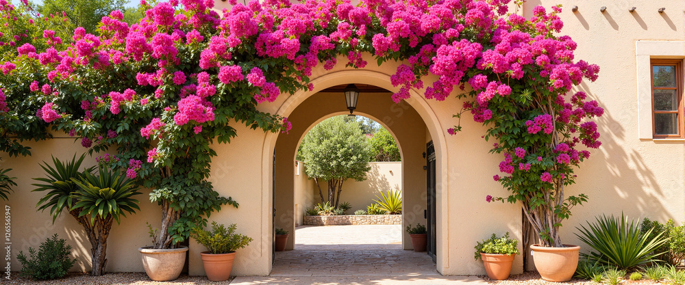 Naklejka premium Vibrant bougainvillea archway in Mediterranean courtyard, serene beauty