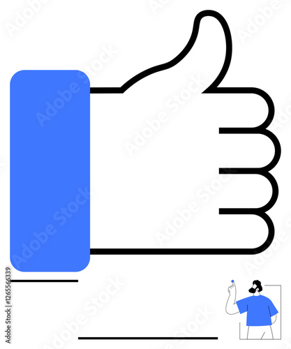 Large blue thumbs-up icon with bold outlines, small figure holding a blue version of the symbol. Ideal for feedback, agreement, thumbs ups, positivity, social icons, motivation, abstract line flat