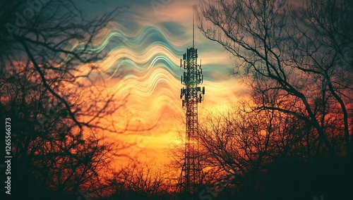 A photograph of an outdoor cell tower with visible waves emanating from it