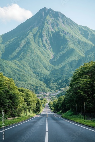 Mountain road journey, village background, summer travel photo