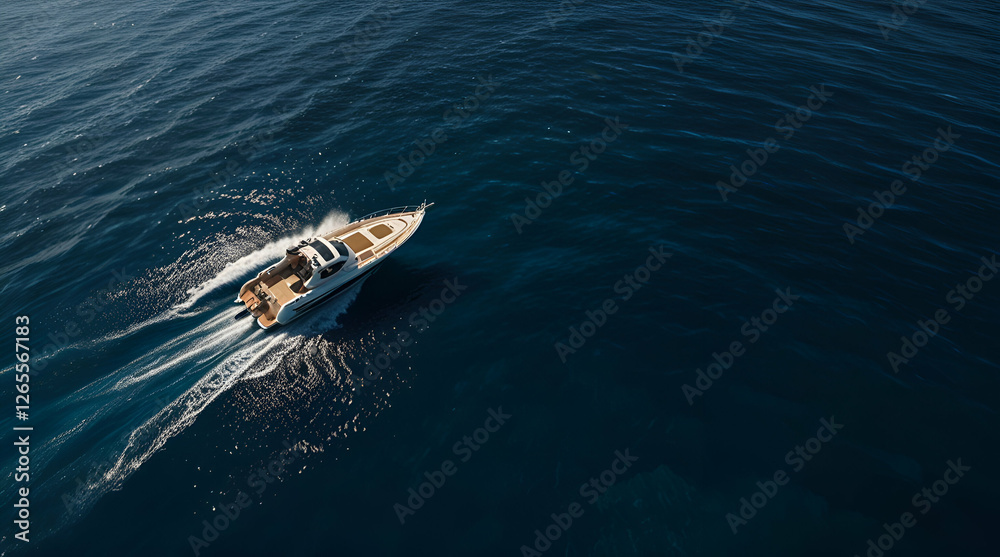 Fototapeta premium Aerial drone ultra wide top down photo with copy space of luxury rigid inflatable speed boat cruising in high speed in Aegean deep blue sea, Greece,generative.ai 