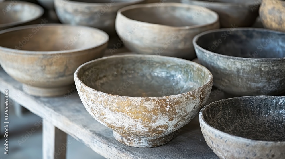 Rustic Handmade Pottery Bowls on Wooden Table in Natural Light