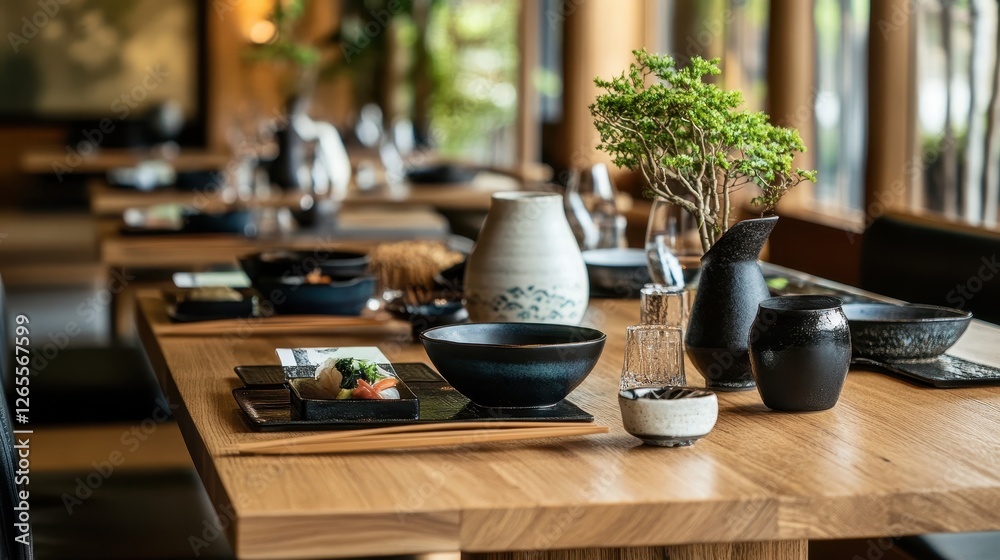 Elegant restaurant setting with Japanese tableware and minimalist floral arrangement Elegant restaurant setting with Japanese tableware and minimalist floral arrangement