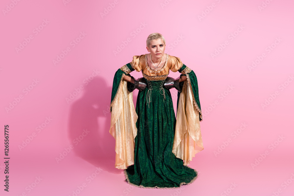 Fototapeta premium Elegant woman in medieval attire posing against pink background with dignified expression