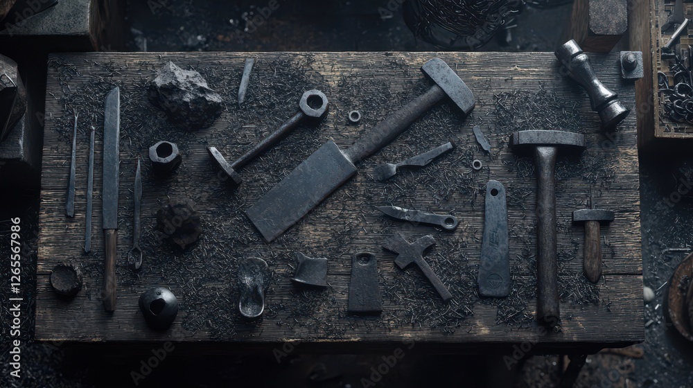 Rustic Workshop Tools on Wooden Table in Dim Lighting Atmosphere Rustic Workshop Tools on Wooden Table in Dim Lighting Atmosphere