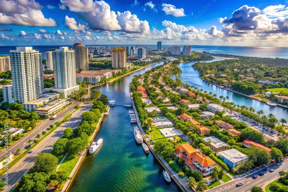 Fototapeta premium Aerial View of Fort Lauderdale, Florida: Cityscape with Skyscrapers and Waterways