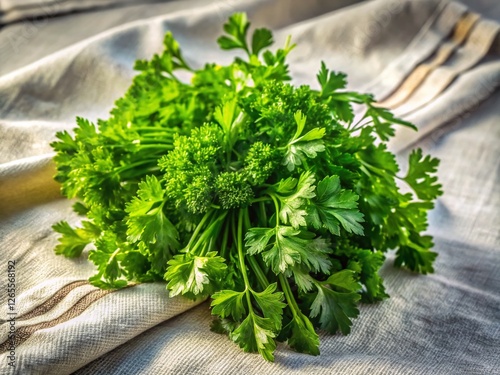 Aerial View of Fresh Parsley on White Linen Tablecloth - Culinary Photography