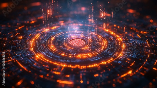 Abstract digital technology background with glowing circular patterns and data streams