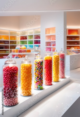 colorful candy displays arranged aesthetically clean minimalist environments showcasing vibrant flavors textures, arrangement, bright, sweets, sweet, shine photo