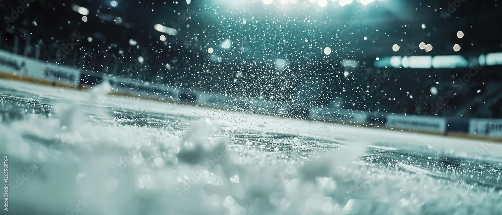 Dynamic ice hockey arena under bright stadium lights. Frozen surface with flying ice particles, steam. Cold, intense background for professional game, sports action. Generative ai Dynamic ice hockey arena under bright stadium lights. Frozen surface with flying ice particles, steam. Cold, intense background for professional game, sports action. Generative ai