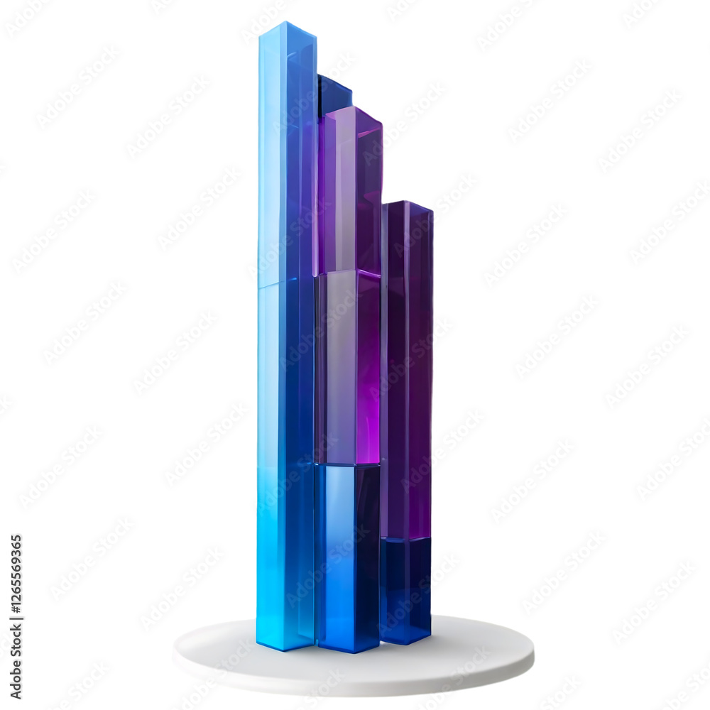 3d glass holographic bar chart, graph or diagram render icon. Rainbow crystal data analysis columns gradient line up. Financial growth statistic for business presentation, web design.