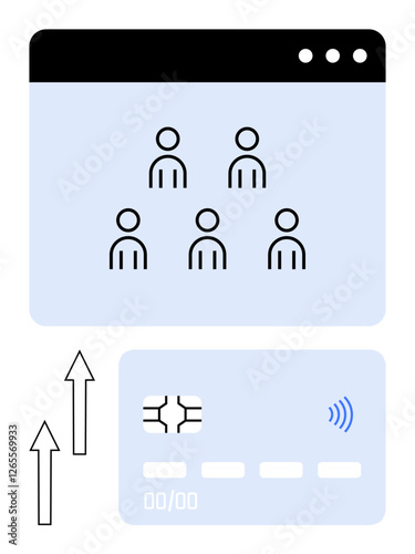 Web page with team icons, credit card with contactless signal, upward arrows. Ideal for teamwork, digital payment, business growth, e-commerce, technology, financial transactions abstract line flat