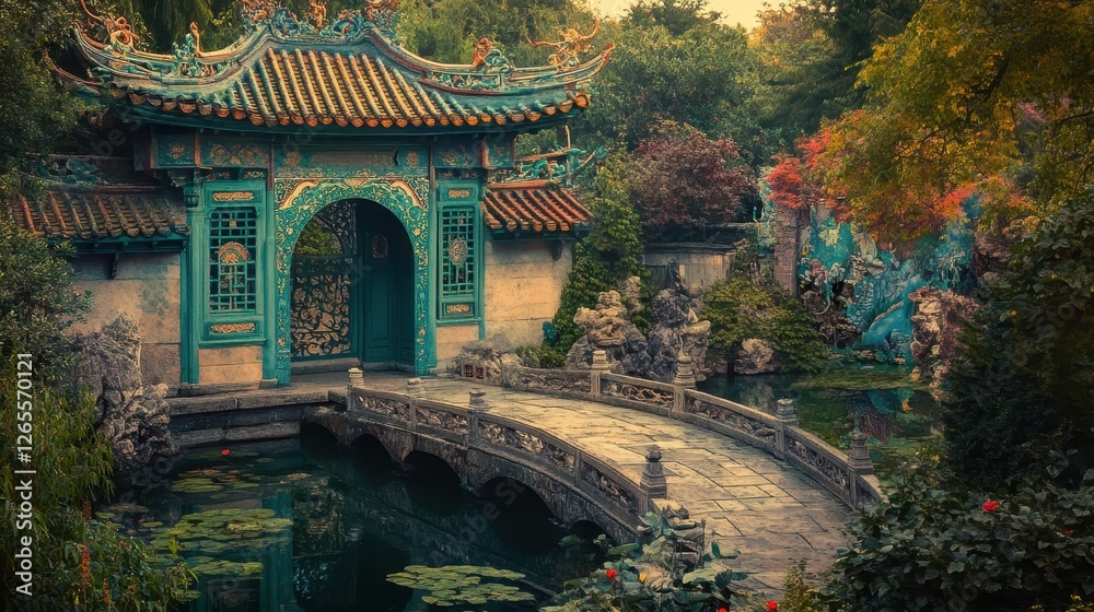 Obraz premium Serene Asian Garden with Traditional Architecture and Tranquil Pond