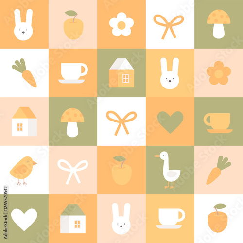 Cute children pattern with rabbit, chicken, goose, little house in patchwork style. Seamless texture with different simple icons. Easter illustrations in flat style.