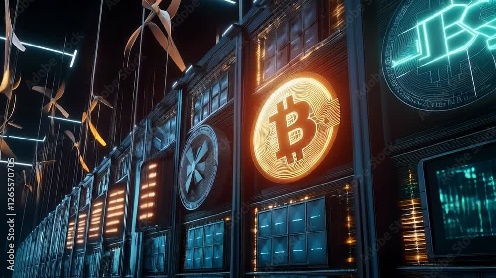Glowing bitcoin symbol illuminates server racks in a futuristic mining farm, powered by wind turbines under a night sky, showcasing a blend of technology and sustainability