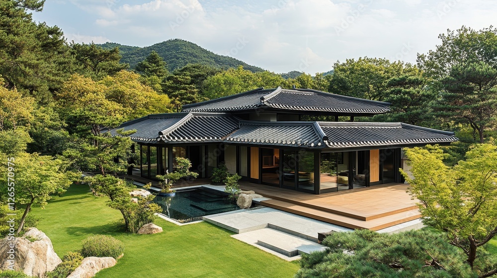 Modern korean house blending traditional architecture with a natural landscape Modern korean house blending traditional architecture with a natural landscape