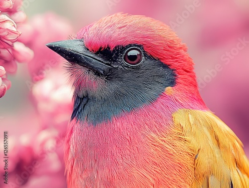 Close-up of vibrant bird amidst pink blossoms. Possible use Nature photography, desktop background. photo