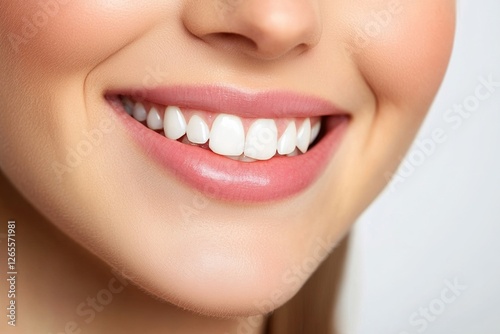 Close-up of a young caucasian female's bright smile showcasing healthy teeth