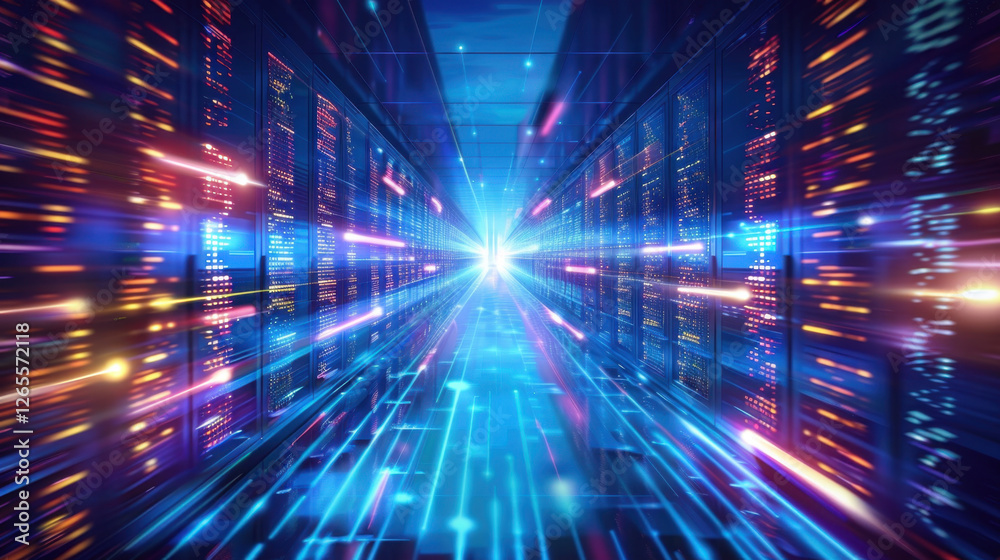 futuristic data center with glowing servers and vibrant light trails, representing technology and innovation