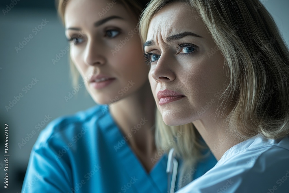 Concerned female nurses in a hospital environment Concerned female nurses in a hospital environment