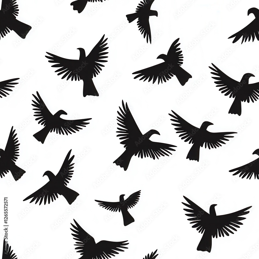 Fototapeta premium Seamless illustrations of minimal animals. A pattern of black birds in flight against a white background, showcasing various wing positions and creating a dynamic visual effect.