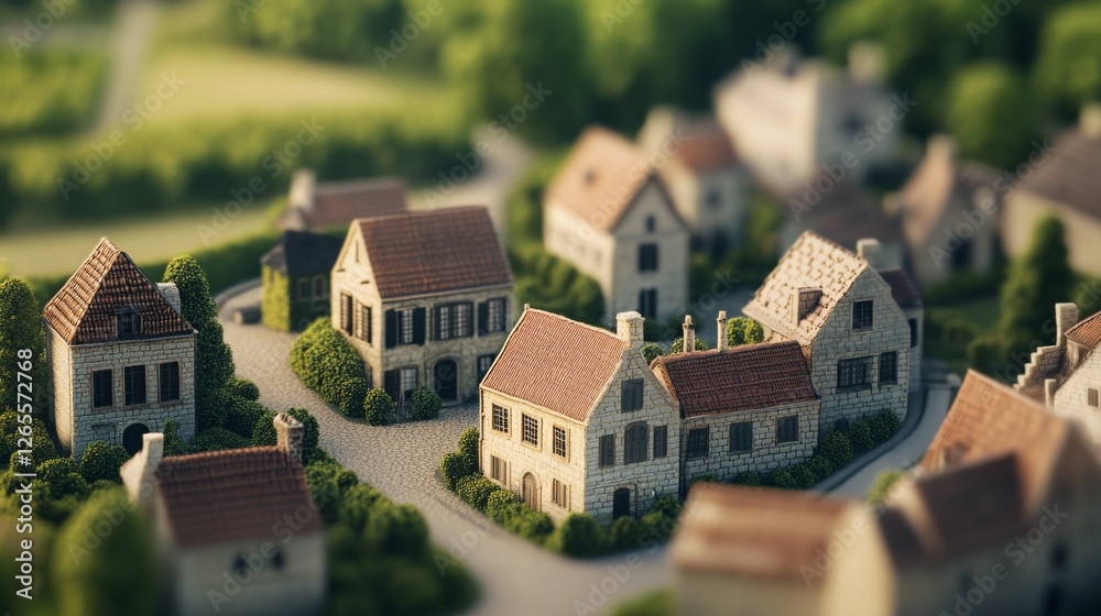 Obraz premium Idyllic village model, sunlit countryside