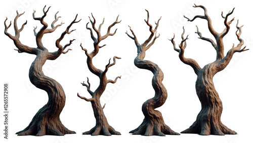 Collection of Four Twisted Dead Trees Halloween Fantasy Dark Spooky Nature Isolated 3D Render