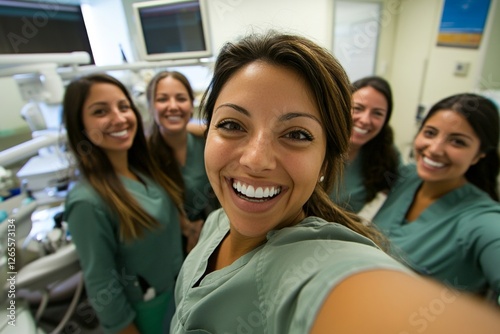 Smiling female dental team in clinic setting with dental equipment