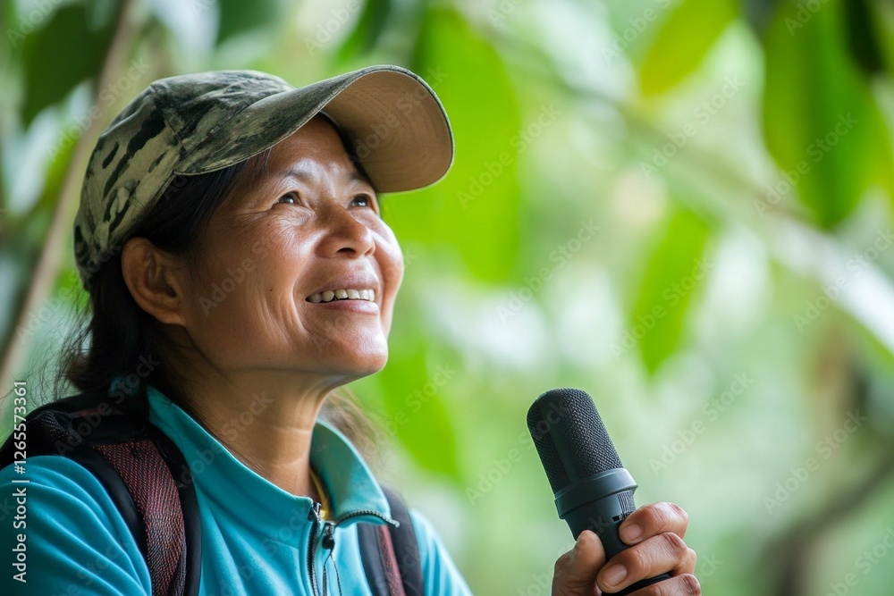 Asian female adult smiling holding microphone in nature setting Asian female adult smiling holding microphone in nature setting