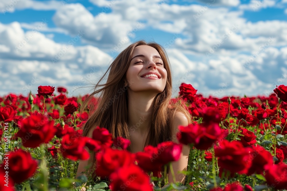 Naklejka premium Joyful young caucasian female posing in vibrant red rose field under blue sky