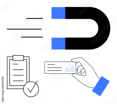 Magnet attracting checklist and ID card. Hand holding ID, completed checklist with tick mark. Ideal for business processes, recruitment, organization, marketing, leadership, productivity abstract