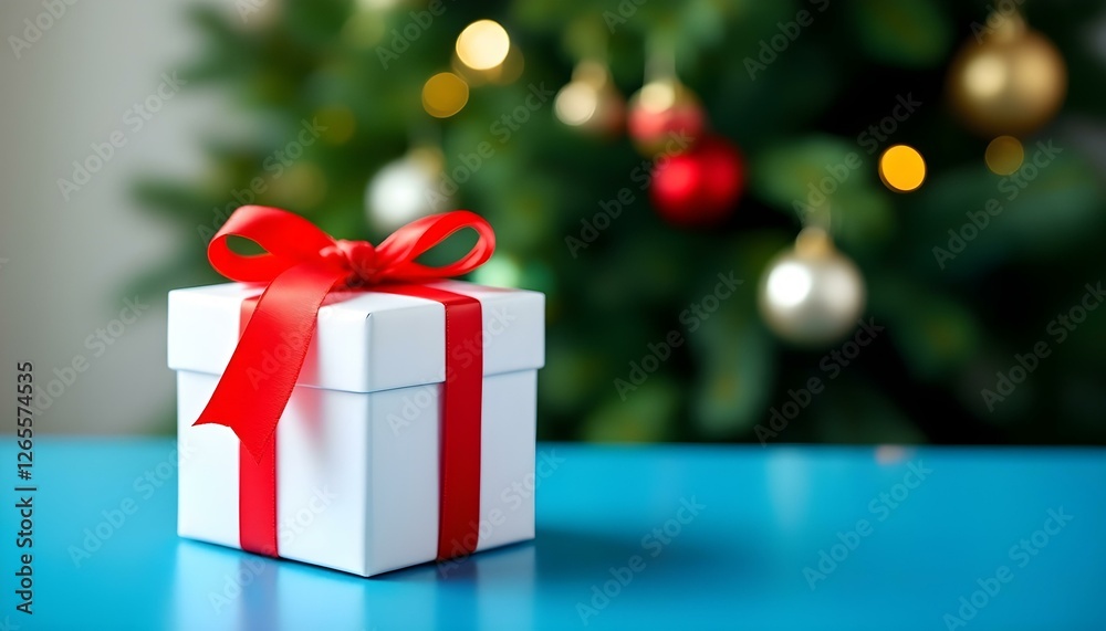 Una caja de regalo blanca con una cinta roja sobre una mesa azul, un árbol de Navidad borroso en el fondo Una caja de regalo blanca con una cinta roja sobre una mesa azul, un árbol de Navidad borroso en el fondo