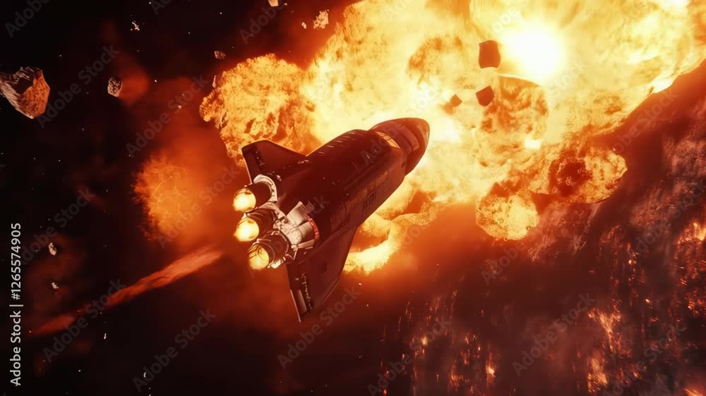 Dramatic space shuttle disintegrating during critical mission. Engulfing deep space with catastrophic explosion. Fiery debris scattering across cosmic vastness. Representing complete mission failure