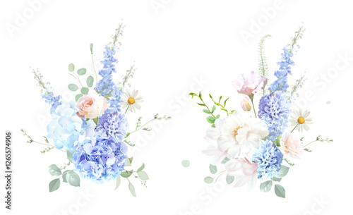 Bridgerton inspired pastel floral vector design bouquets. Blue delphinium, white peony, daisy, magnolia, pink rose, hydrangea, greenery and plants. All flowers and branches are isolated and movable.