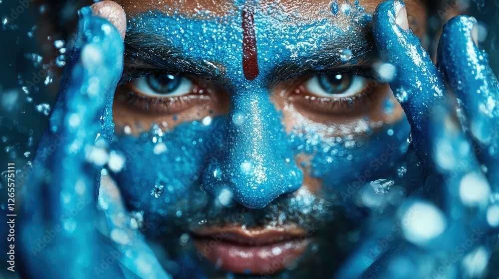 A striking portrait of an individual with blue artistic makeup splashed across their face, symbolizing creativity and individuality through expressive features and water droplets. A striking portrait of an individual with blue artistic makeup splashed across their face, symbolizing creativity and individuality through expressive features and water droplets.