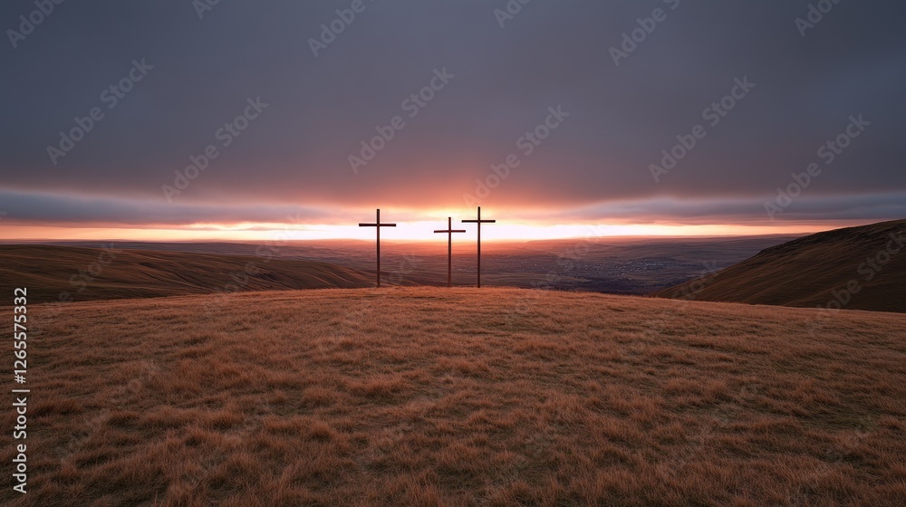 A serene view from an empty cave showcasing three crosses at sunset, symbolizing Easter reflection and renewal